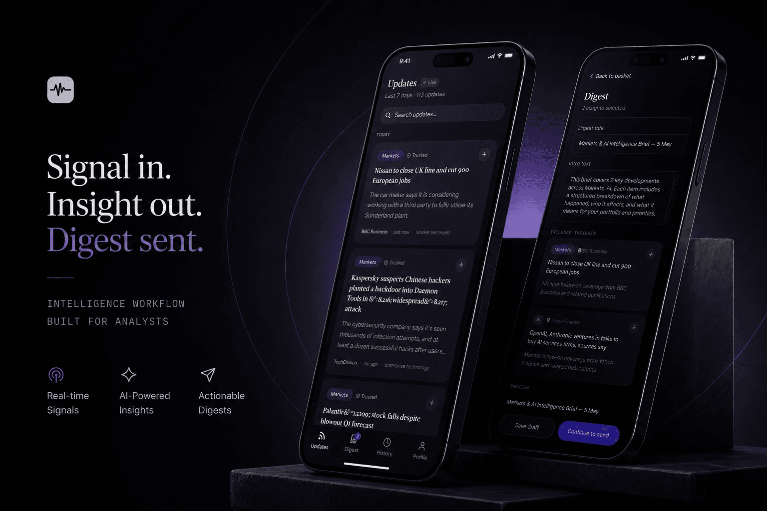 Financial intelligence product cover showing two dark mobile screens and intelligence workflow messaging.